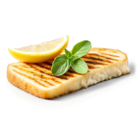 Grilled halloumi cheese slices with golden crust lemon wedge and oregano sprigs isolated Summer freshness png