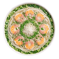 Breakfast pho mandala an arrangement of steaming breakfast pho with noodles and herbs and broth png