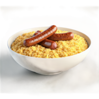 Sausage and grits hearty scoop in glass bowl sausage crumbles tumbling Food and Culinary concept png