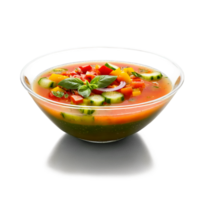 Gazpacho a chilled tomato based soup with diced cucumbers bell peppers and onions garnished with png