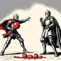 dos caballeros luchando y vistiendo medieval armadura grabado línea vector