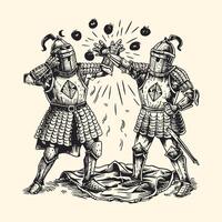 Two Knight Fighting and Wearing Medieval Knight Armor Engraved Line vector