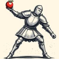 Caballero lanzamiento tomate y vistiendo medieval armadura grabado estilo vector