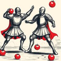dos caballeros luchando y vistiendo medieval armadura grabado estilo vector