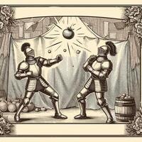 Two Knight Fighting and Wearing Medieval Knight Armor Engraving Style vector