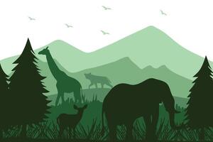 Green wild landscape with animals background illustration vector