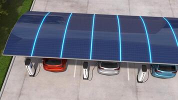 eléctrico carros son siendo cargado en vehículo estacionamiento con solar panel energía, ev cargando estación, limpiar energía relleno tecnología video
