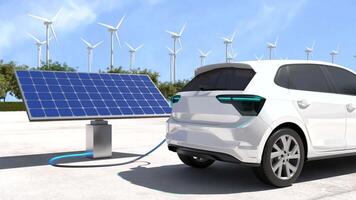 Electric cars are charged at the station using solar panels, Electric power is an alternative fuel. video