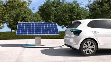 Electric cars are charged at the station using solar panels, Electric power is an alternative fuel. video