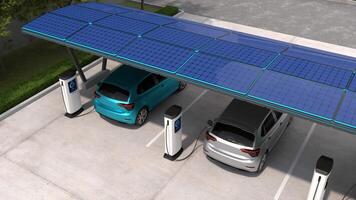 électrique voitures sont étant accusé dans véhicule parking avec solaire panneau énergie, ev mise en charge gare, nettoyer énergie remplissage La technologie video