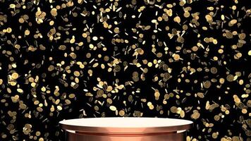 Gold coins falling with podium for product on the dark background video