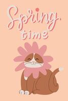 Adorable plump cat with pink flower on his head with lettering Spring time. Cartoon illustration. Design for poster, icon, card, logo, label, banner, sticker. vector