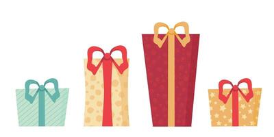 conjunto de Navidad regalos, ilustración en plano estilo. regalo cajas, cumpleaños celebracion, icono aislado en blanco antecedentes. diseño plantilla, tarjeta, bandera. vector