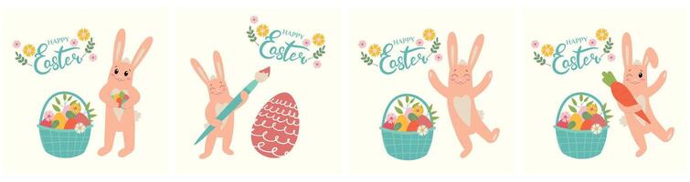 Happy Easter greetings card set. Trendy Easter cards collection with lettering, flowers, eggs and happy bunnies, in pastel colors on beige background. Flat illustration. vector