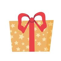 Navidad presente, ilustración en plano estilo. amarillo regalo caja con estrellas, cumpleaños celebracion, icono aislado en blanco antecedentes. diseño plantilla, tarjeta, bandera. vector