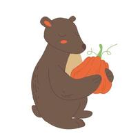 linda pequeño oso participación naranja calabaza. Bienvenido otoño concepto. dibujos animados animal personaje para niños camisetas, guardería decoración, saludo tarjeta, invitación, casa interior. valores ilustración vector