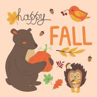 autumn background with cute bear, bird and hedgehog, falling leaves, branches and text Happy Fall in flat style. Childish natural background with cartoon characters. vector