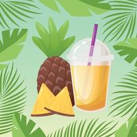 piña jugo o cóctel en el plastico taza con esfera Hazme gorra y cóctel tubo. Fresco exprimido jugo. sano orgánico alimento. ilustración en degradado fondo, marco con tropical hojas. vector