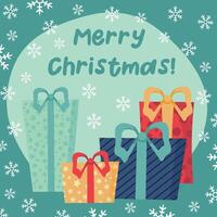 Navidad, nuevo año vistoso envuelto regalo cajas decorado con cinta, arcos y adornos un montón de fiesta presenta plano estilo ilustración, Navidad tarjeta con felicidades y desear. vector