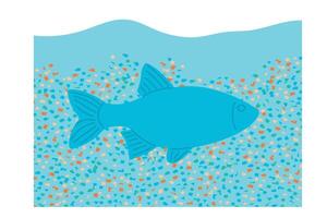 illustration concept of microplastic in oceans. Small plastic pieces are floating and polluting the water, sea creatures are suffering . Ecology conservation and environmental issues problem vector