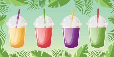 Set of tropical cocktails. Summer non alcoholic holiday and beach party drinks. Orange or pineapple juice, watermelone lemonade, blueberry lemonade, kiwi juice . illustration. vector