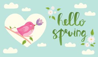 Hello Spring hand drawn illustration. Season lettering with bird holding and a flower. Poster in flat style. vector