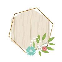 Wooden hexagon sign element with flowers. wood board, frame, badge, label, shield, signboard collection. Brown background for your text. illustration. vector