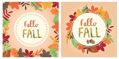 Hola otoño saludo tarjetas con diferente otoño hojas. tarjeta con hojas en plano estilo en naranja antecedentes con espacio para texto y letras. ilustración. vector