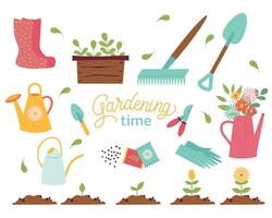 jardinería icono colocar. jardín concepto, primavera tiempo. ilustraciones aislado en blanco antecedentes. diseño para póster, icono, tarjeta, logo, etiqueta vector
