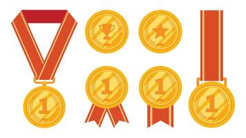 A set of gold medals with red ribbons for first place winners vector
