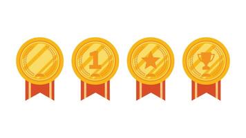 Four gold medals with red ribbons and stars on them. The medal is for the first winner vector