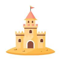 Sand castle with towers and fortress wall in flat style on a white background. Fairytale castle icon. Illustration of building construction on sand. vector