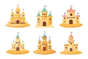 Set of sand castle with towers and fortress wall in flat style on a white background. Fairytale castle icons. Illustration of building construction on sand. vector