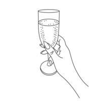 A glass of wine in a female hand, line art. Sketch, black and white design vector