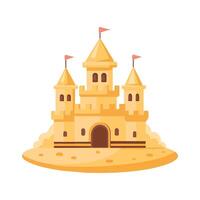 Sand castle with towers and fortress wall in flat style on a white background. Fairytale castle icon. Illustration of building construction on sand. vector