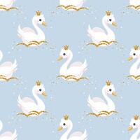 Seamless pattern, little swan princess with a golden crown on a pastel background. Cute background for decorating a nursery bedroom. vector