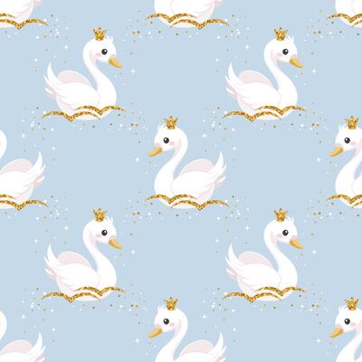 Seamless pattern, little swan princess with a golden crown on a pastel background. Cute background for decorating a nursery bedroom.