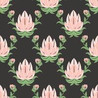 sin costura patrón, rosado loto flores en un oscuro antecedentes. fondo, fondo de pantalla, textiles vector