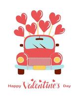 Vintage cartoon car with balloon hearts. Valentine's Day background, holiday print vector