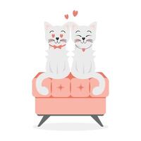 un par de linda blanco gatitos en amor en un sofá. festivo ilustración para San Valentín día vector