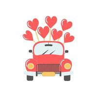 Vintage cartoon car with balloon hearts. Valentine's Day background, holiday print vector