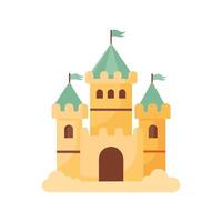 Sand castle with towers and fortress wall in flat style on a white background. Fairytale castle icon. Illustration of building construction on sand. vector