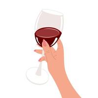 A glass of red wine in a woman's hand. Illustration vector