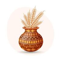 Clay pot with oriental ornament and ears of wheat. Illustration vector