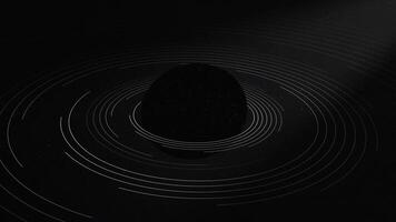 bakgrund terar en svart och vit spiral Plats boll med en planet kretsande mitt i rörelse rader. video