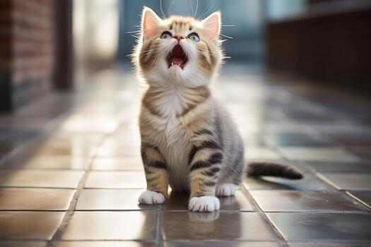 un hambriento gatito maullidos y pregunta para comida mientras sentado en el piso foto