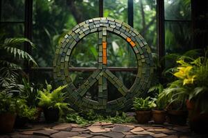 A peace sign crafted from vibrant stained glass pieces, showcasing intricate design and colorful patterns. photo