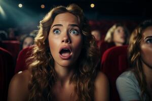 A woman with her mouth open in surprise at a movie theater, captured in a moment of shock or excitement. photo