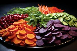 An assortment of different fresh vegetables, sliced and neatly arranged on a platter, showcasing colors and textures. photo