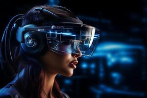 A woman immersed in virtual reality and augmented technology, wearing a headset and interacting with the digital world. photo